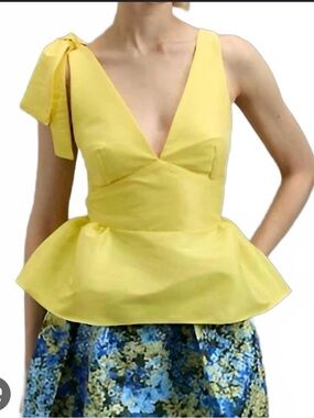 Kika Vargas Bright Yellow V-Neck Peplum Tie-Shoulder